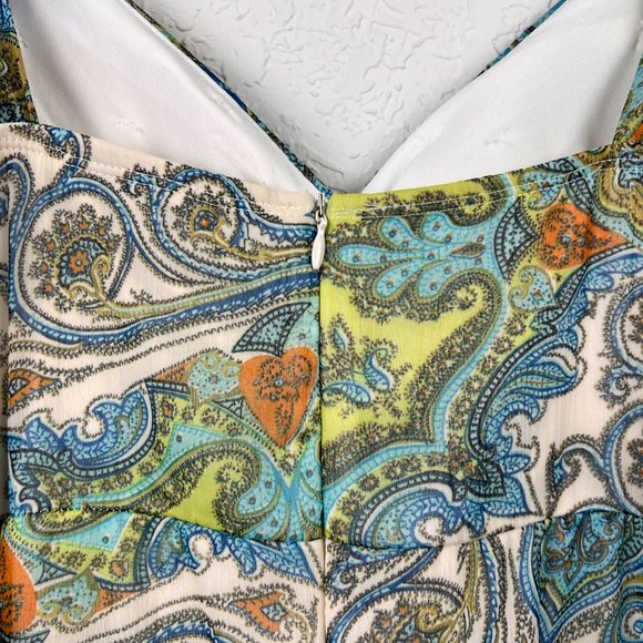 ROULETTE Womens 8 Blue Green Yellow Paisley Sleeveless Accent Tie Back Zip Dress - Picture 6 of 9